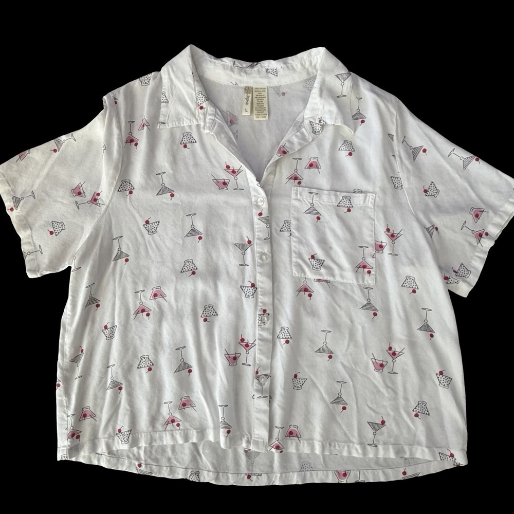 Japna Martini Drink Cropped Button Up Top Sz Large Novelty Whimsy Cocktails Edgy